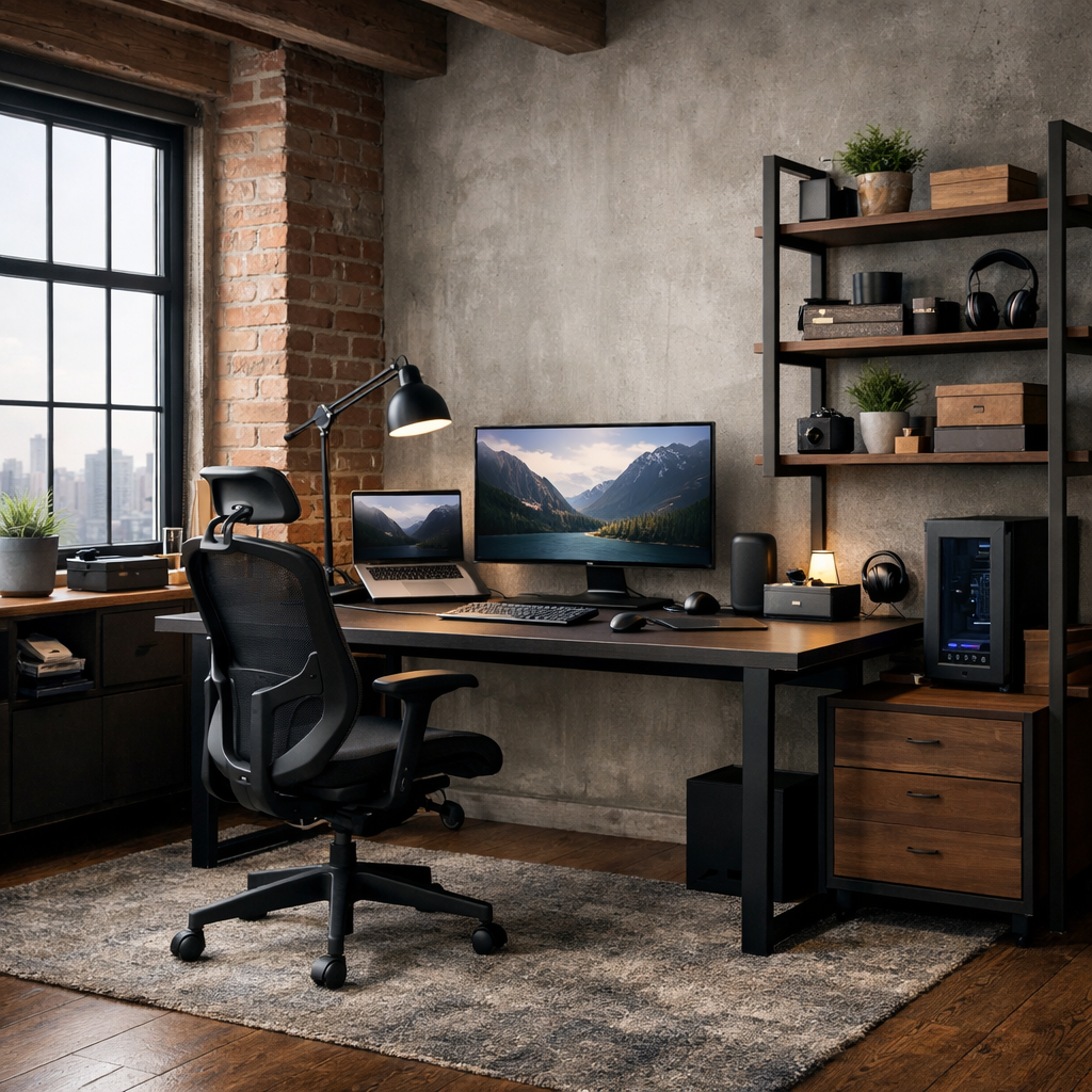 A stylish loft apartment workspace featuring a wooden desk with dual monitors, ergonomic chair, and decorative shelving.