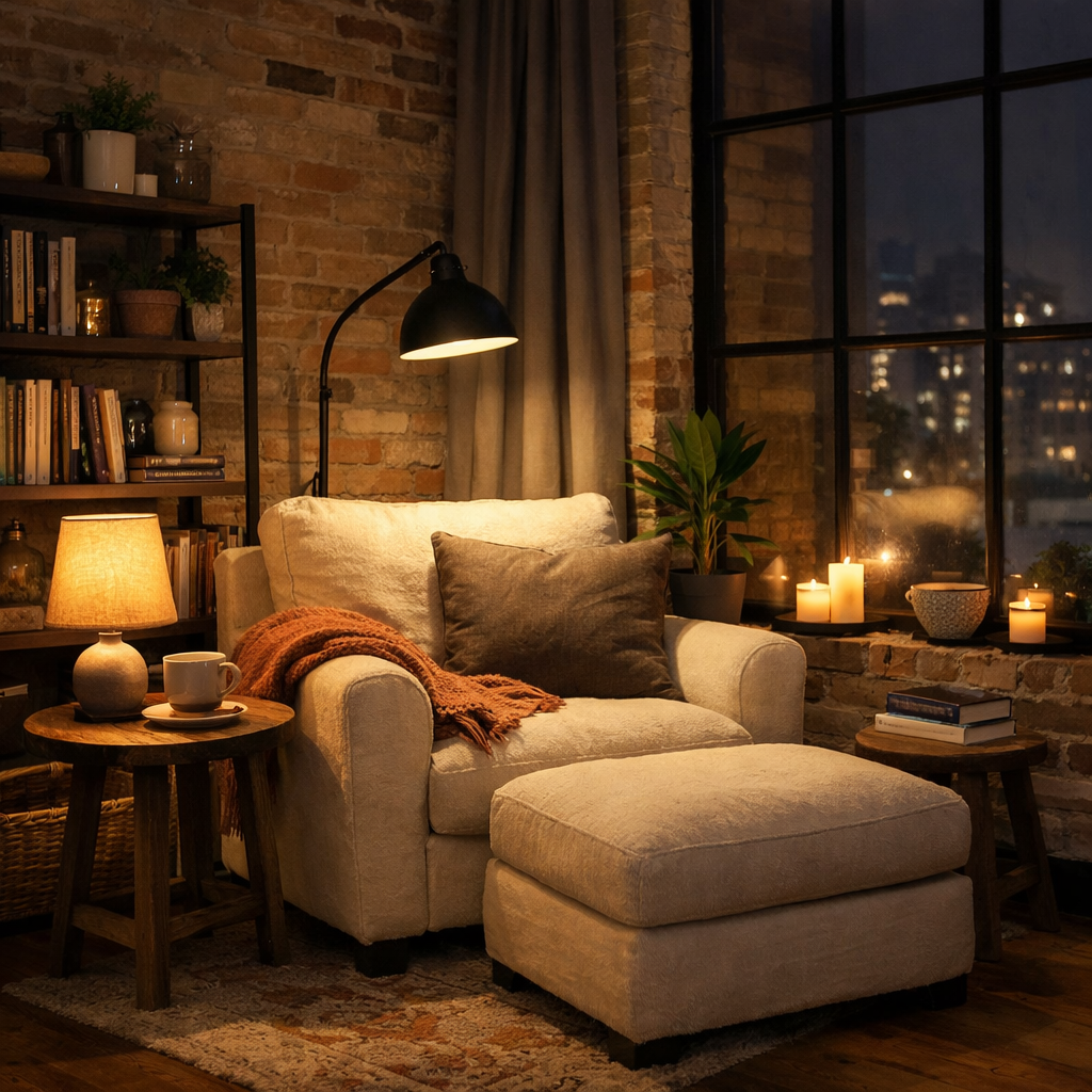 Cozy corner of a loft apartment featuring a comfortable armchair, warm lighting, and decorative accessories.