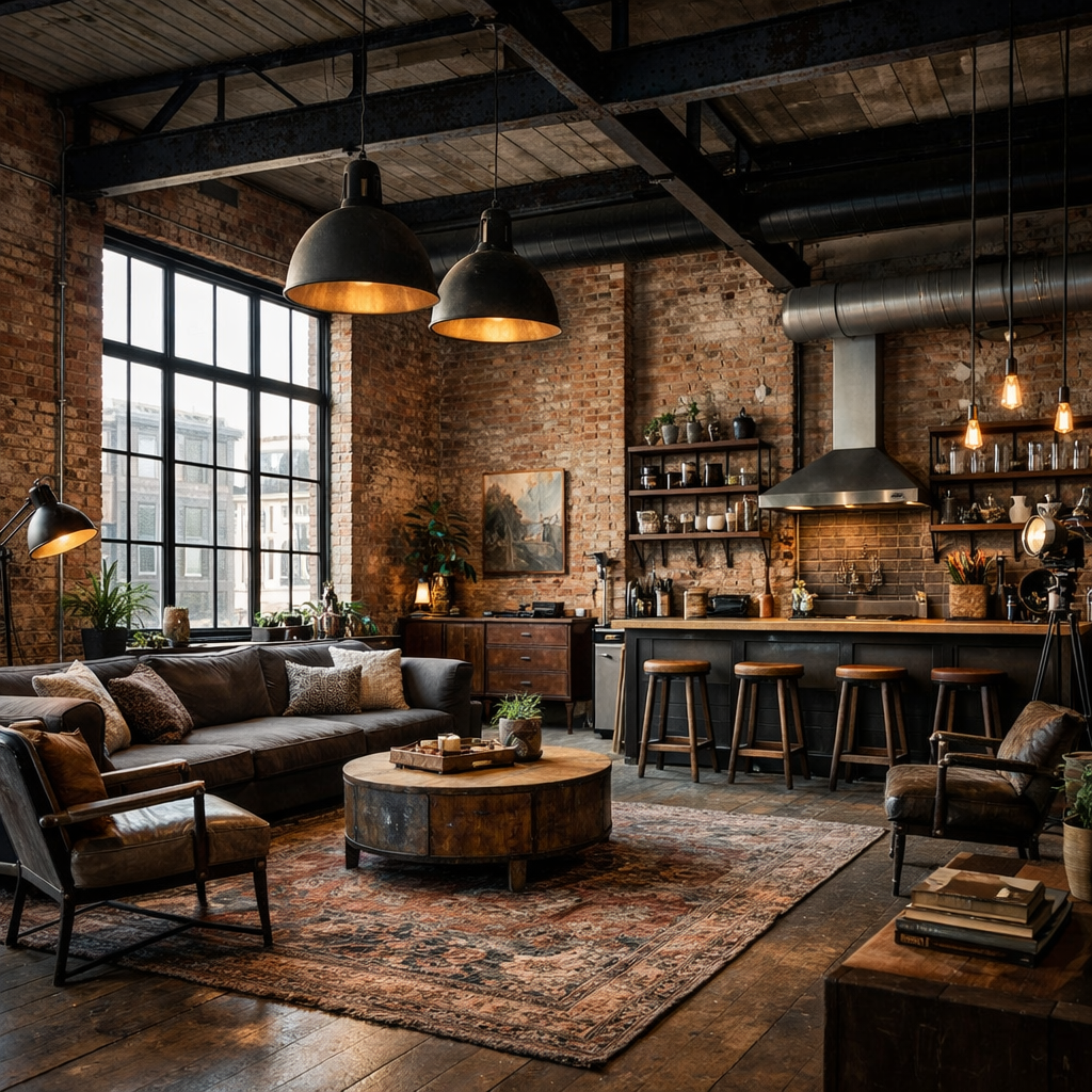 Stylish loft apartment living area with industrial elements.