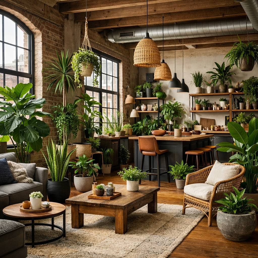 A stylish loft apartment filled with various indoor plants, showcasing a blend of green foliage against a rustic background with wooden furniture.