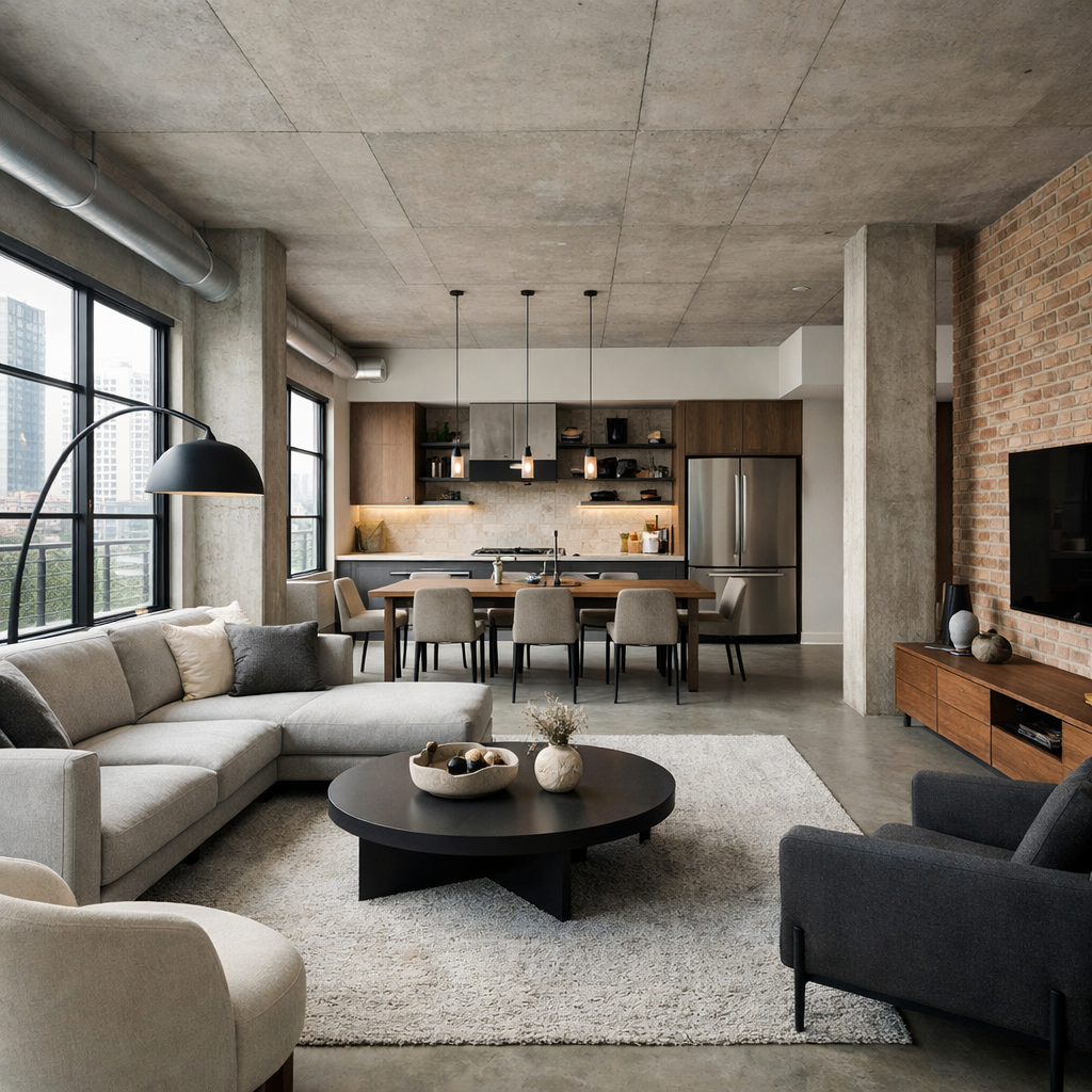 A modern loft apartment with an open layout featuring a living area, dining area, and sleek kitchen.