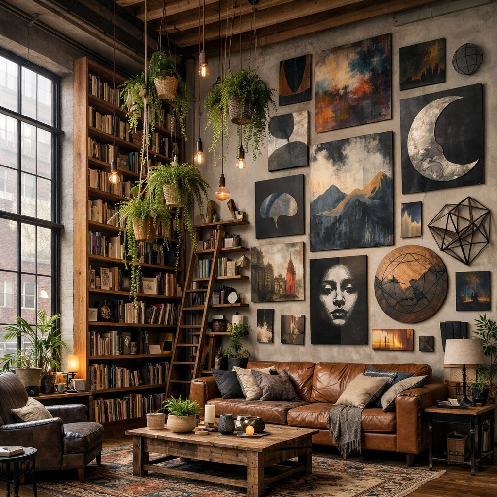 A cozy loft apartment showcasing vertical decorating with bookshelves, artwork, plants, and warm lighting.
