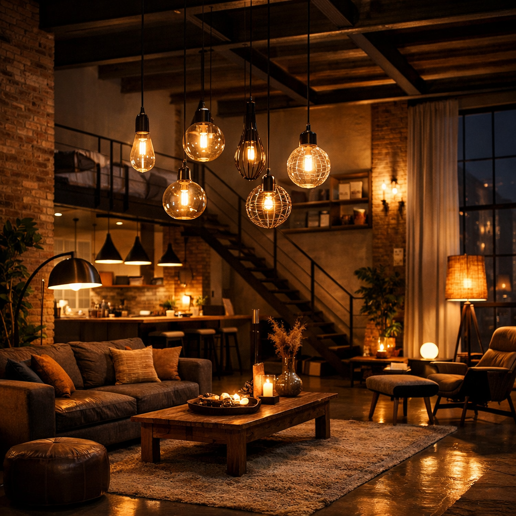 A cozy loft apartment with stylish lighting, featuring pendant lights and a warm ambiance.