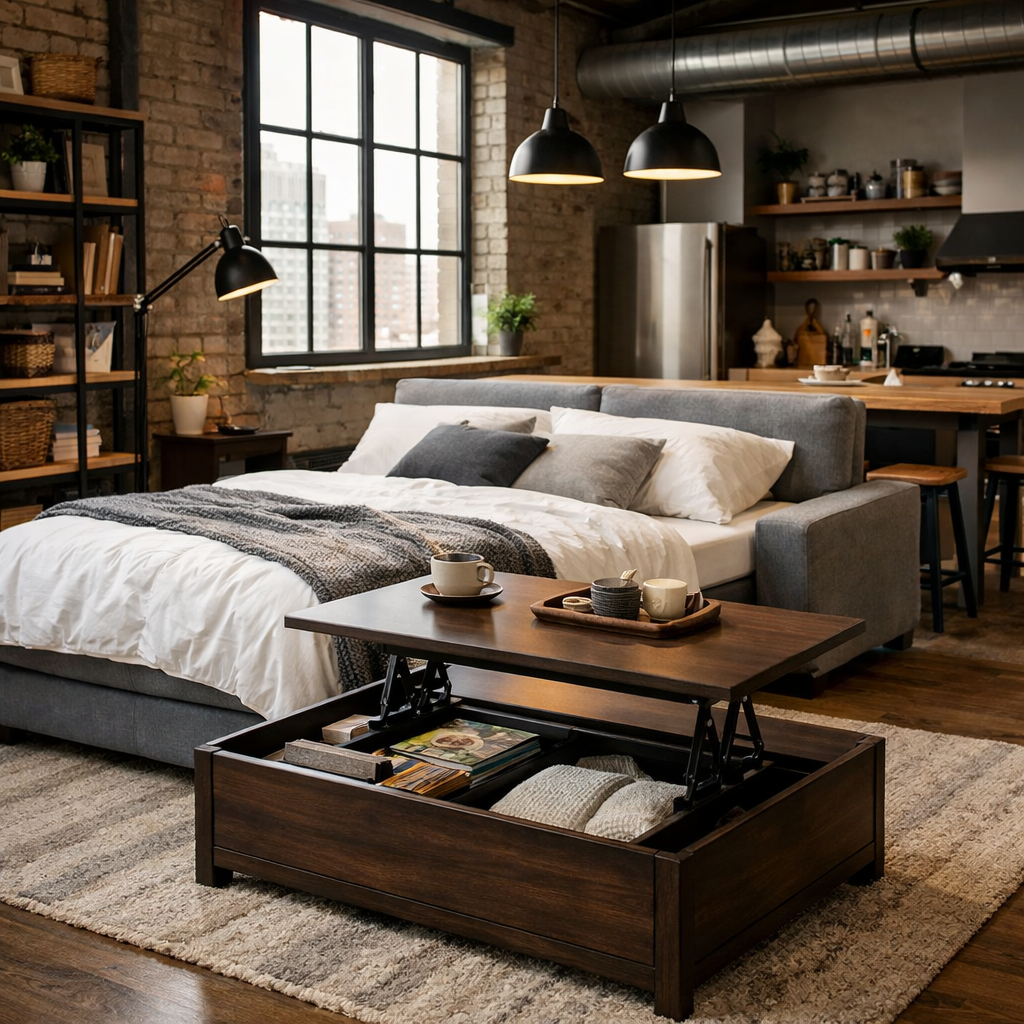 A cozy loft apartment featuring a sofa bed, lift-top coffee table, and open shelving.
