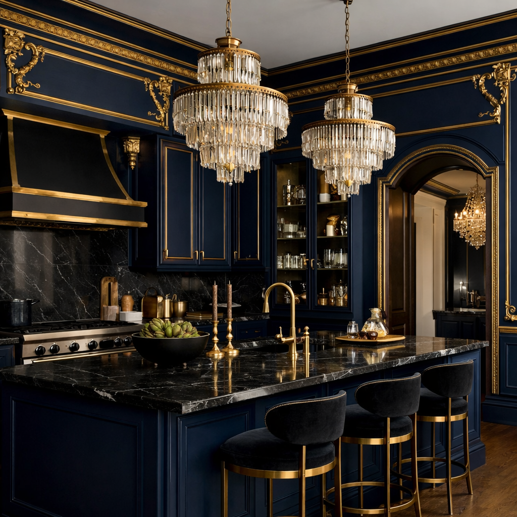 Luxurious kitchen with navy blue walls, gold trim, and black marble countertops.