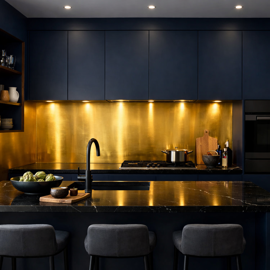 Modern kitchen featuring a gold backsplash with navy blue walls, black faucet, and dark countertop.