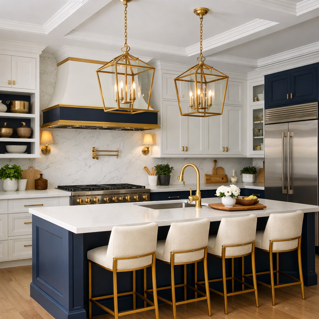 A beautifully designed navy blue and gold kitchen with white accents and pendant lights.