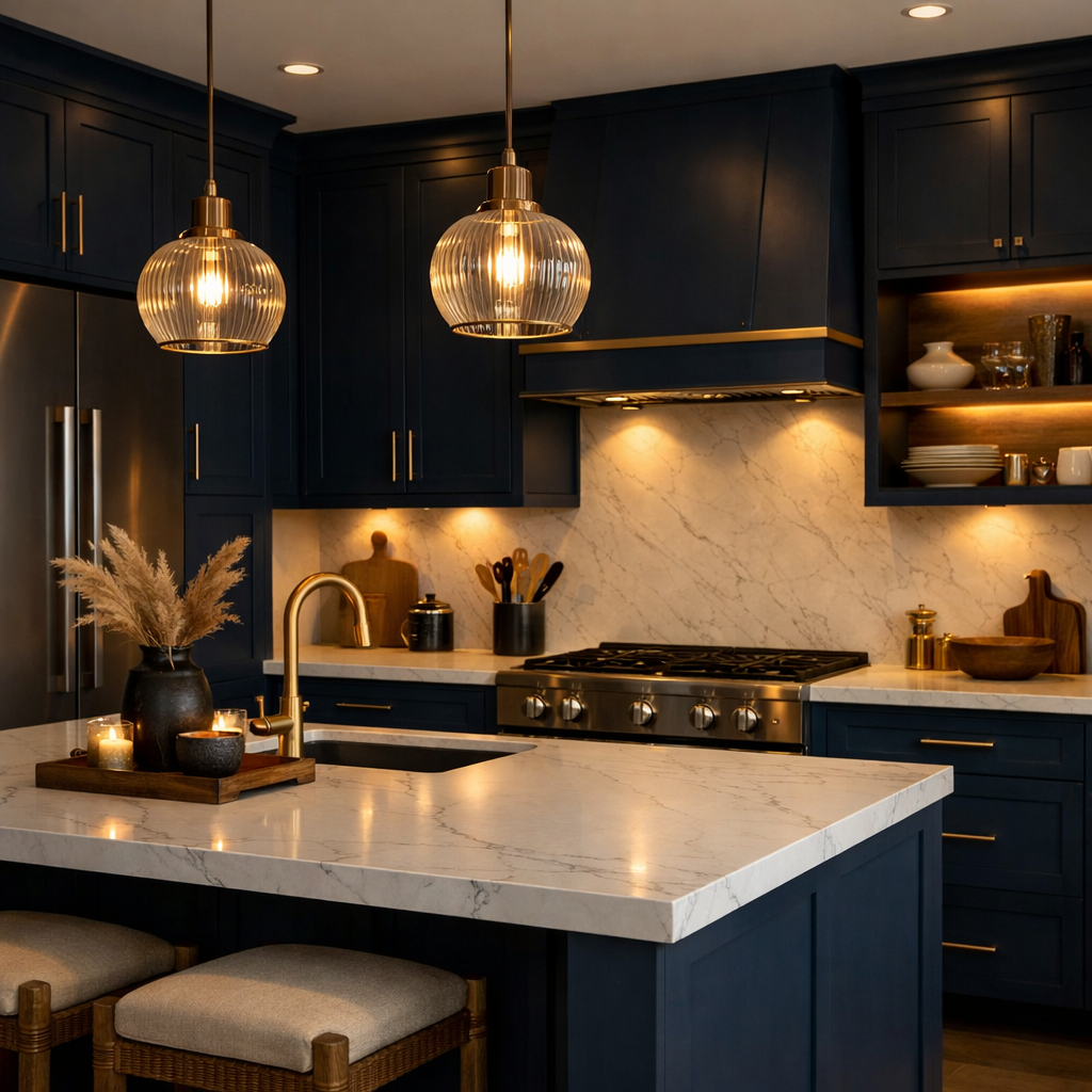 Elegant kitchen featuring navy blue cabinets with gold accents, glass pendant lights, and a marble countertop.