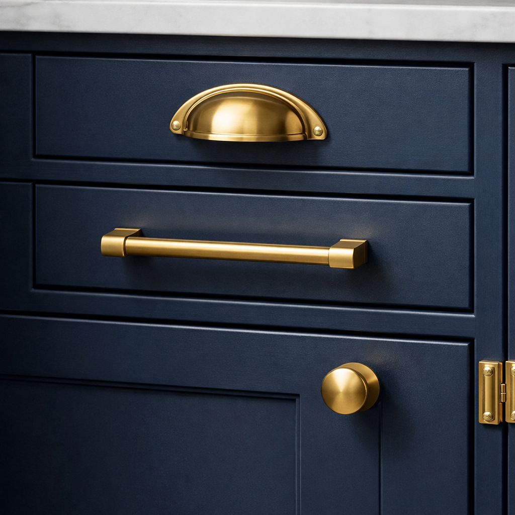 Navy blue kitchen drawers with gold hardware.