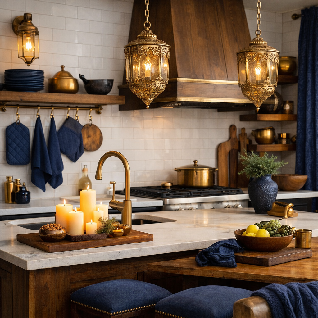 A beautifully designed kitchen featuring navy blue and gold decor elements, including wooden cabinets, gold fixtures, and candles.