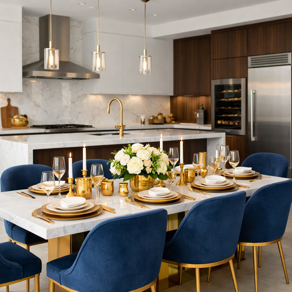 Elegant navy blue and gold dining area with marble table and floral arrangement