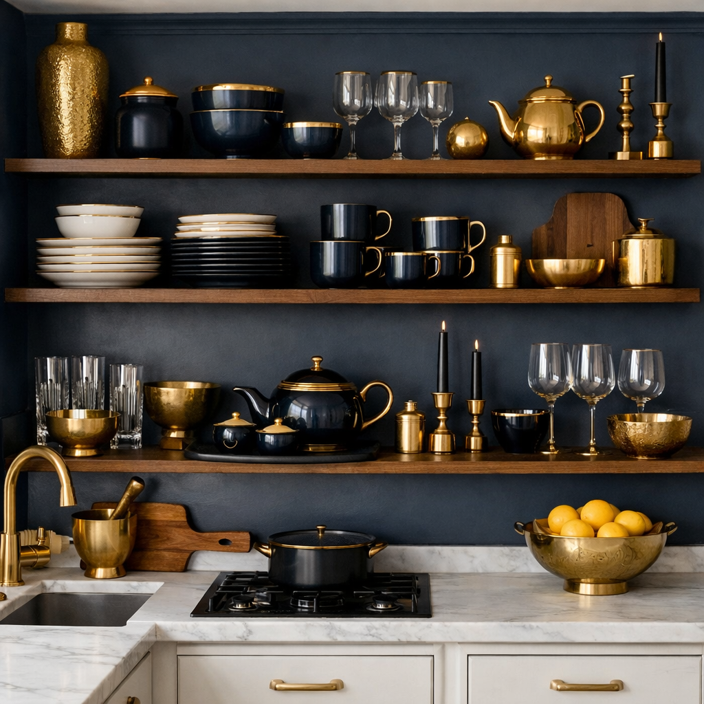 Open shelving featuring navy blue and gold tableware in a stylish kitchen.