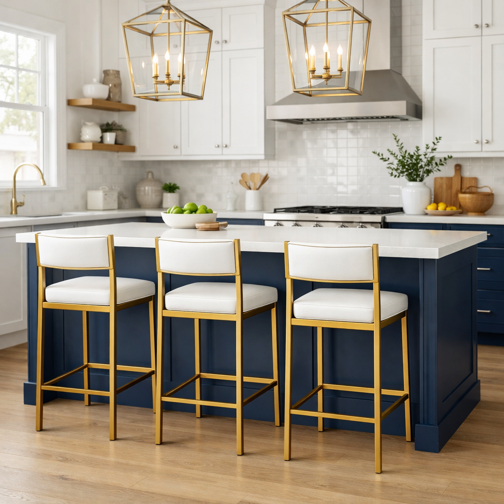 A modern kitchen featuring a navy blue island with gold bar stools and stylish light fixtures.