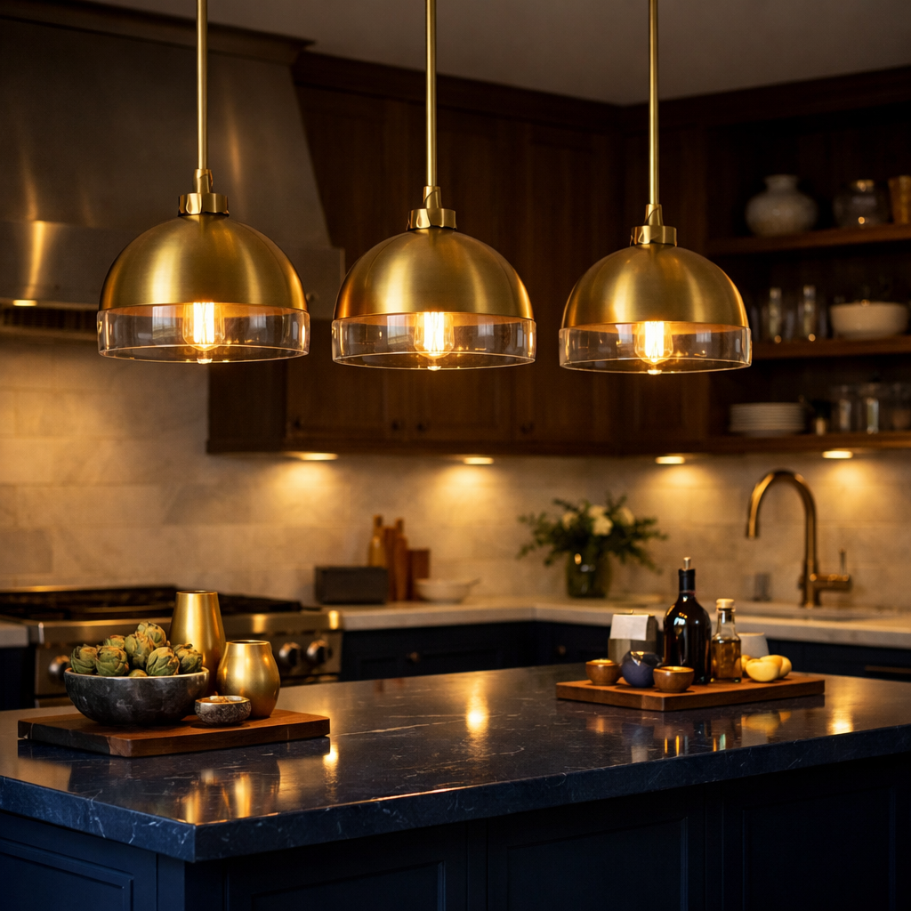 Elegant gold pendant lights hanging over a navy blue kitchen island.