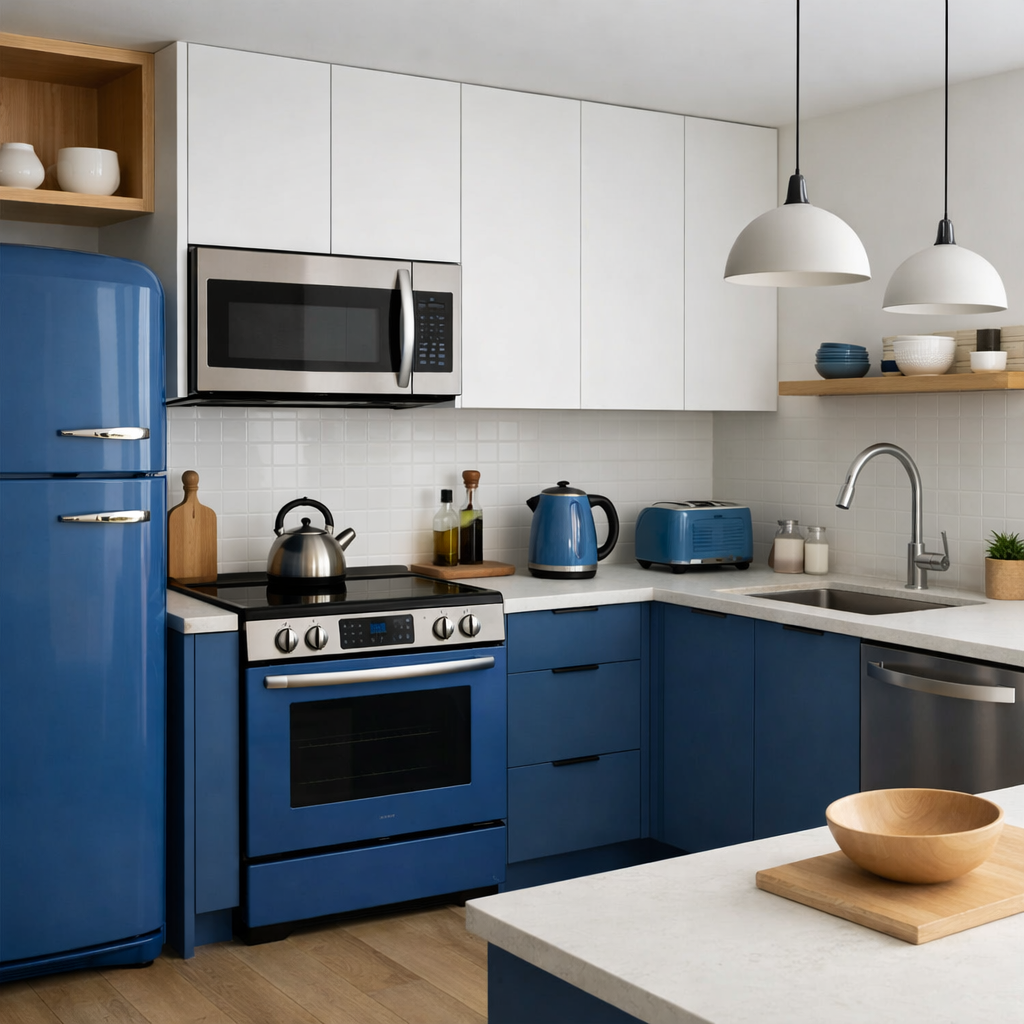 A modern kitchen featuring a blue fridge, blue kettle, and various blue appliances