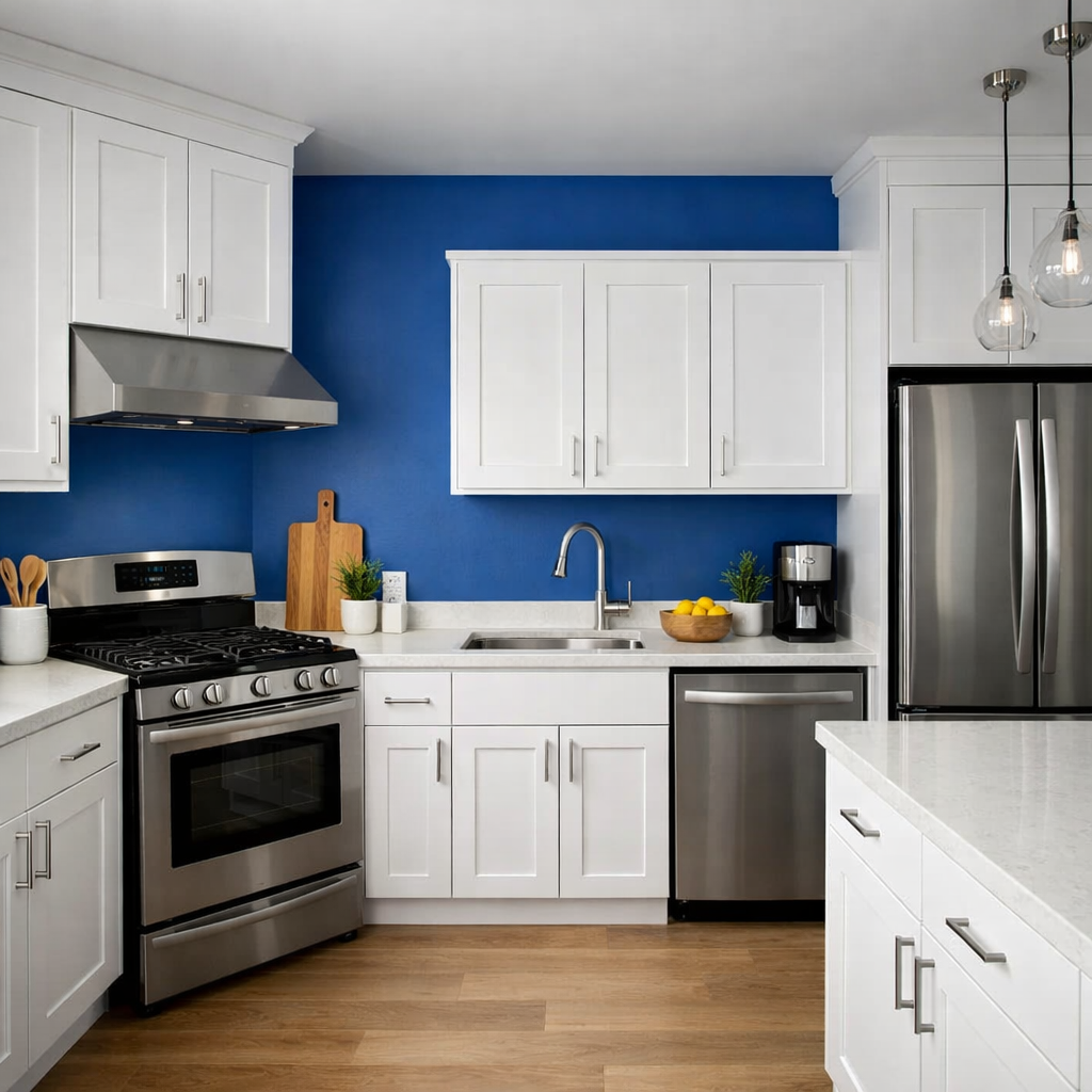 A modern kitchen featuring a bold blue accent wall with white cabinetry and stainless steel appliances.