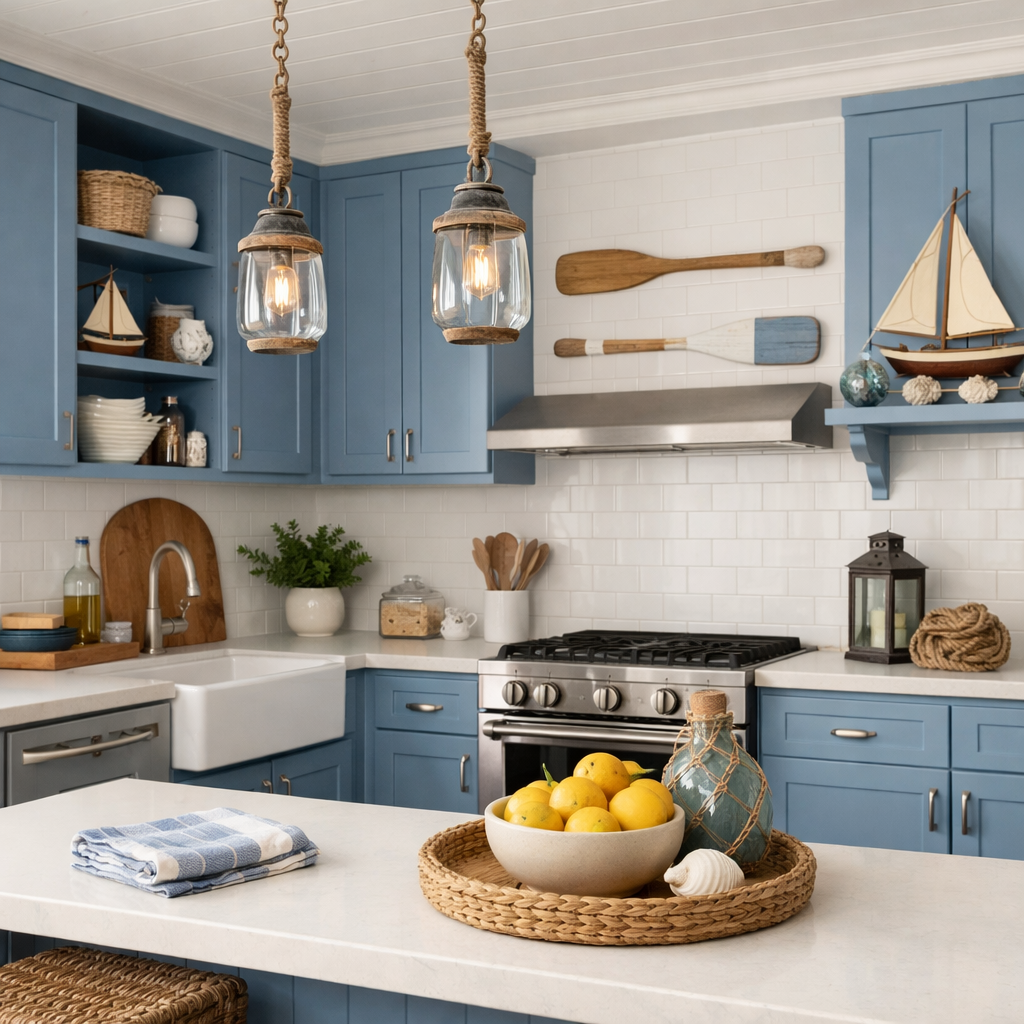 A bright blue kitchen featuring coastal-inspired cabinets, nautical decor, and a clean aesthetic.