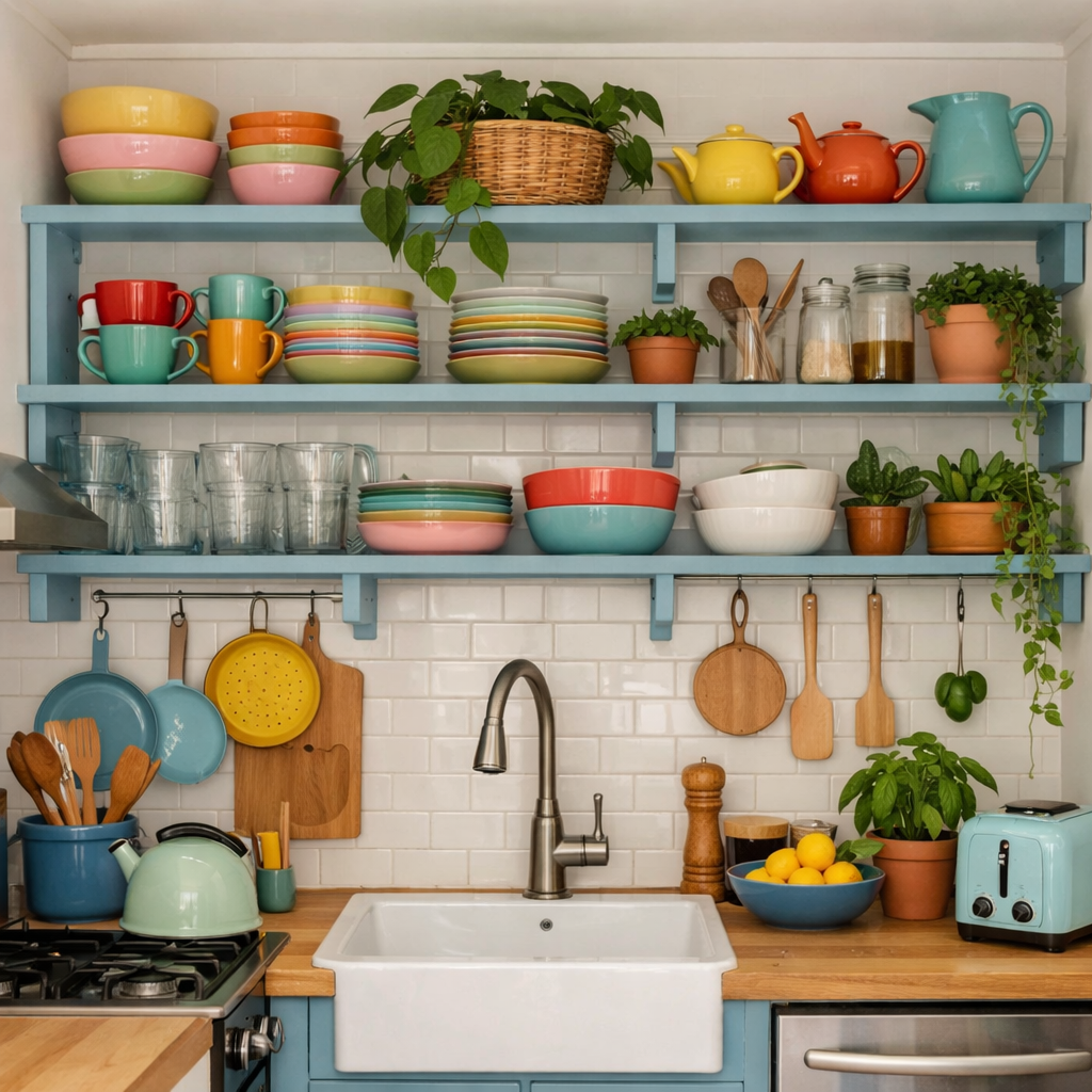 A colorful and cheerful kitchen with light blue open shelving displaying various dishes, teapots, and small plants.
