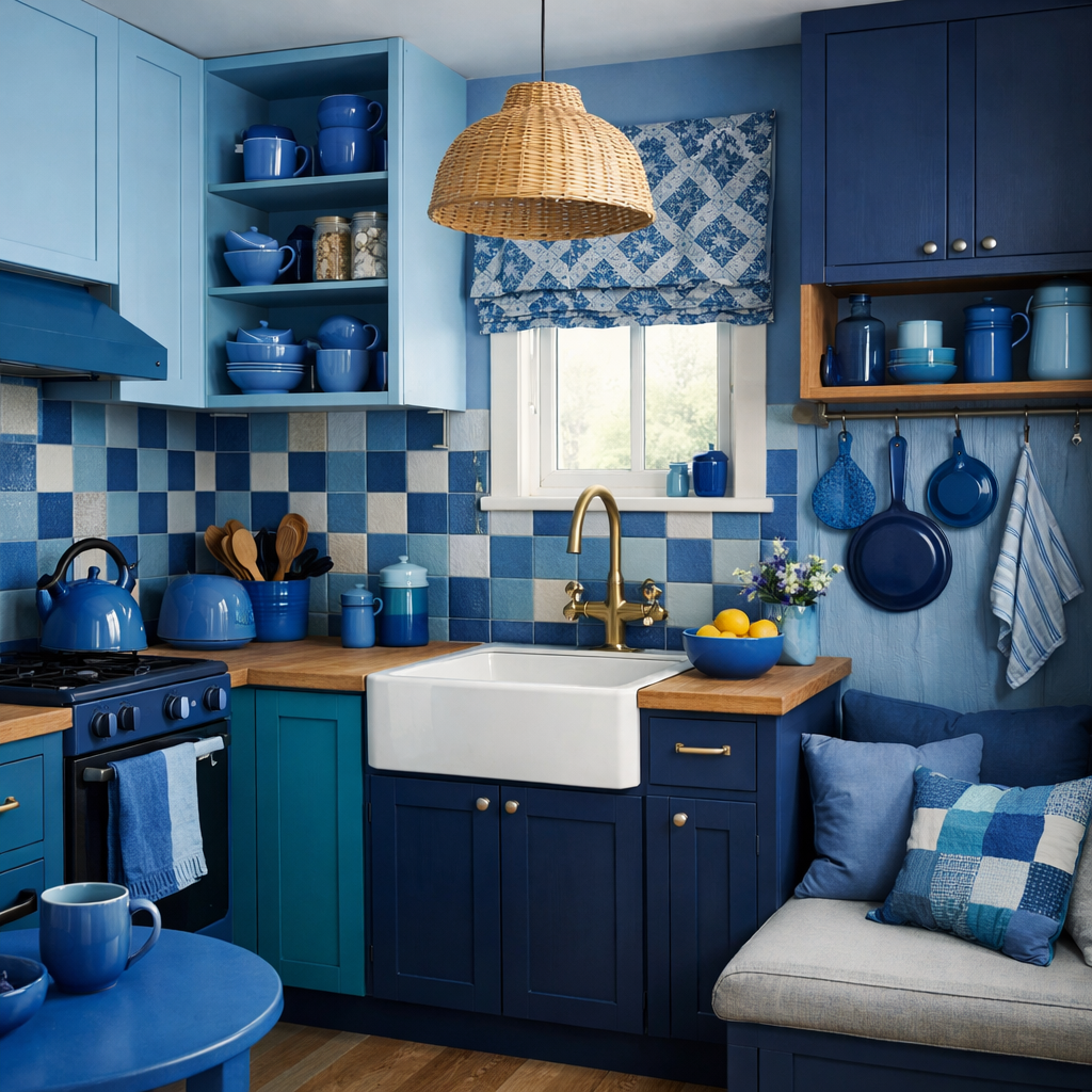 A stylish small kitchen featuring various shades of blue, including light blue cabinets, navy counters, and blue kitchenware.