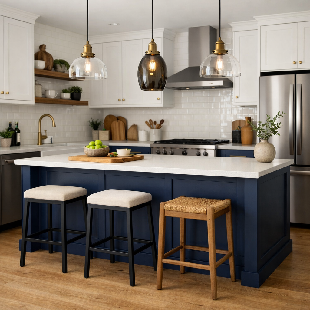 A navy blue kitchen island with a white countertop, three bar stools, and modern pendant lights