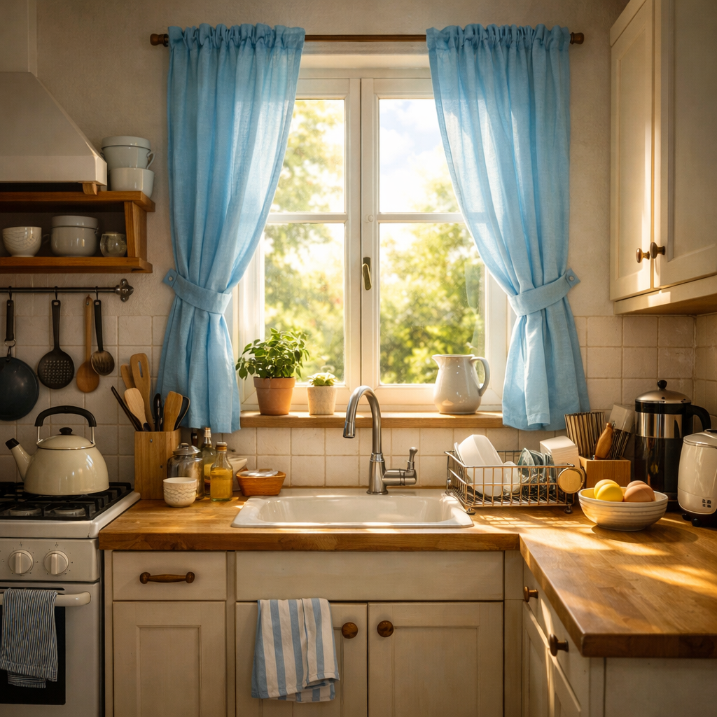 A cozy small kitchen featuring sky blue curtains, a wooden countertop, and natural sunlight streaming through the window.