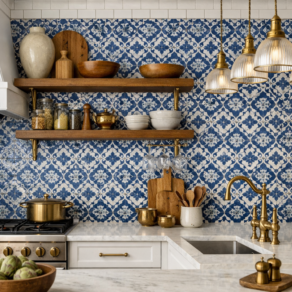 A stylish kitchen featuring a blue and white tile backsplash, wooden shelves with kitchenware, and gold fixtures.