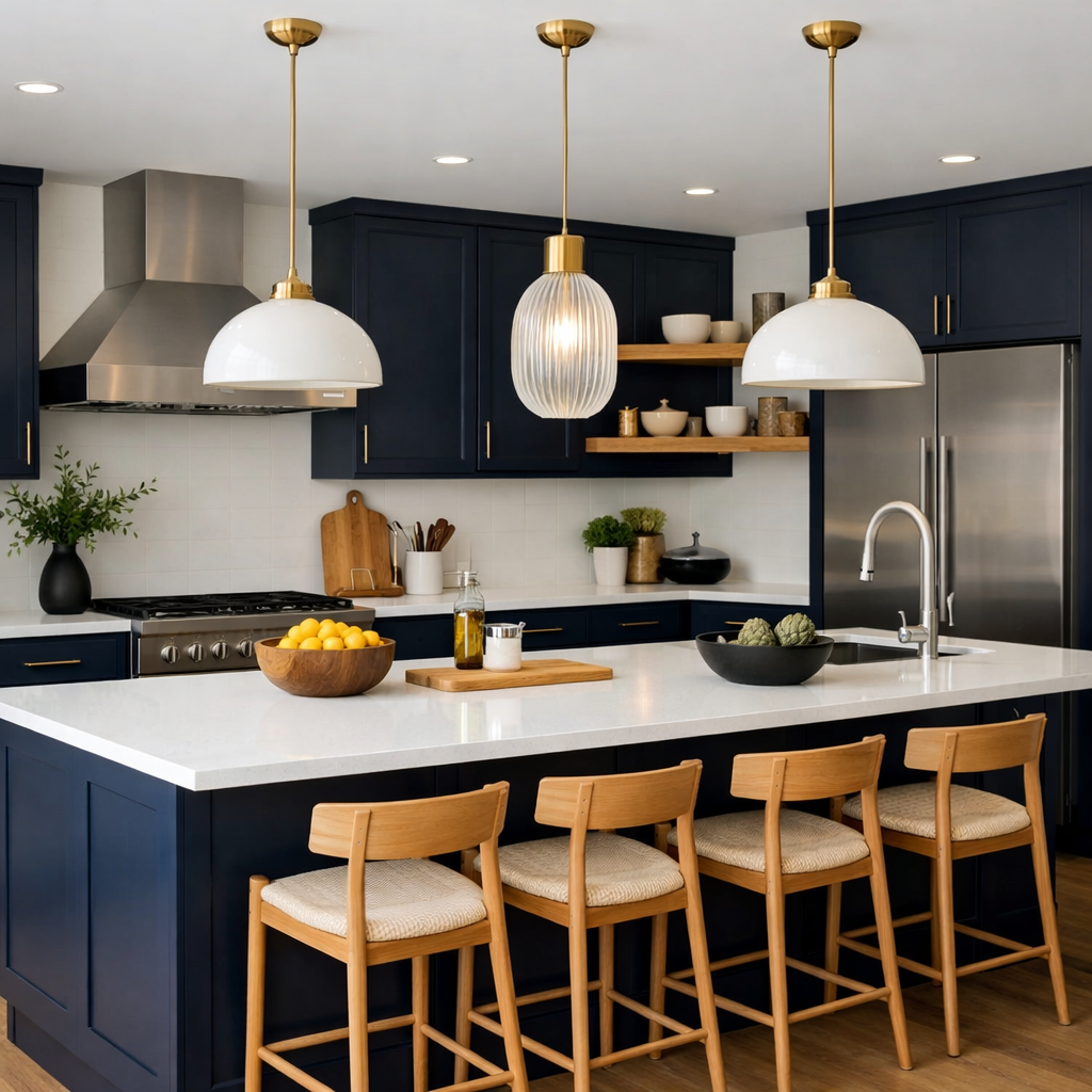 A modern kitchen featuring bold navy cabinets, white countertops, and stylish pendant lighting.