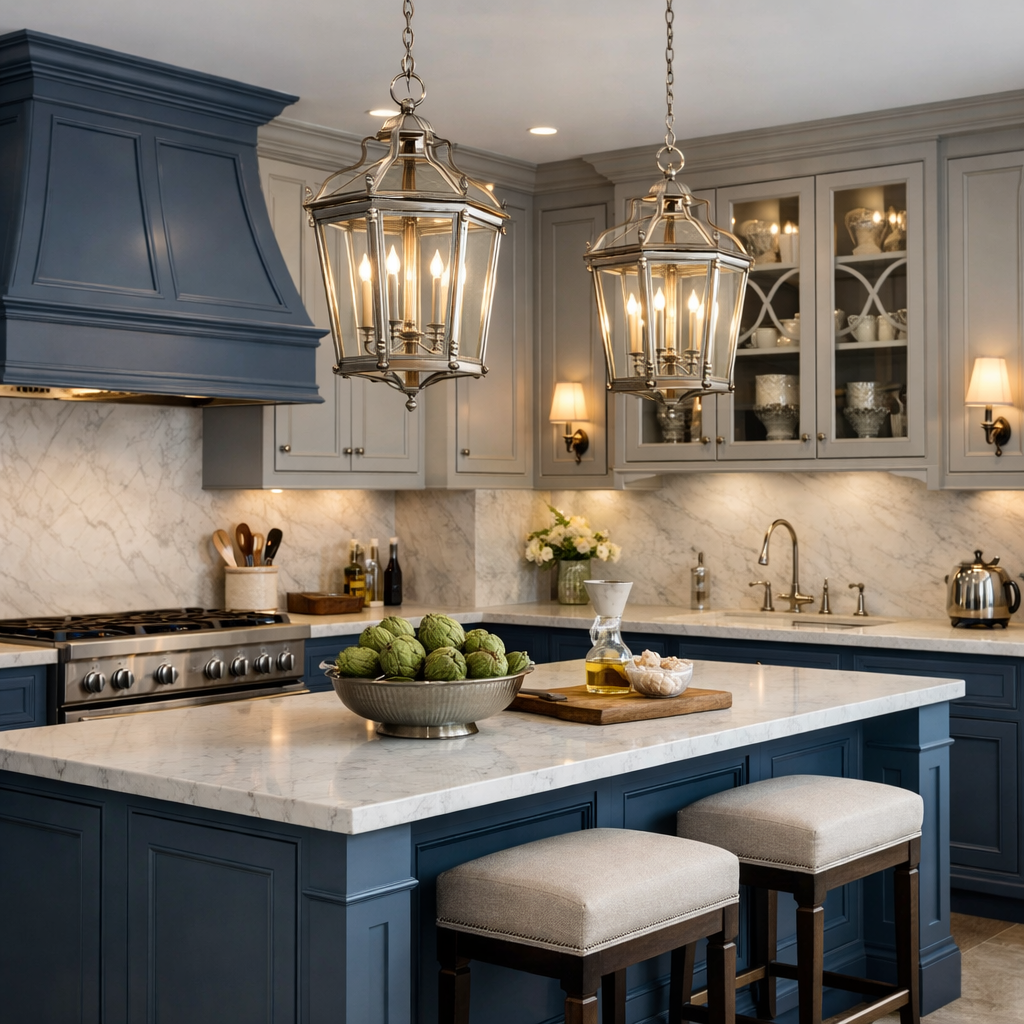 A modern kitchen with a classic blue and gray color palette, featuring navy cabinets, gray walls, and elegant lighting.