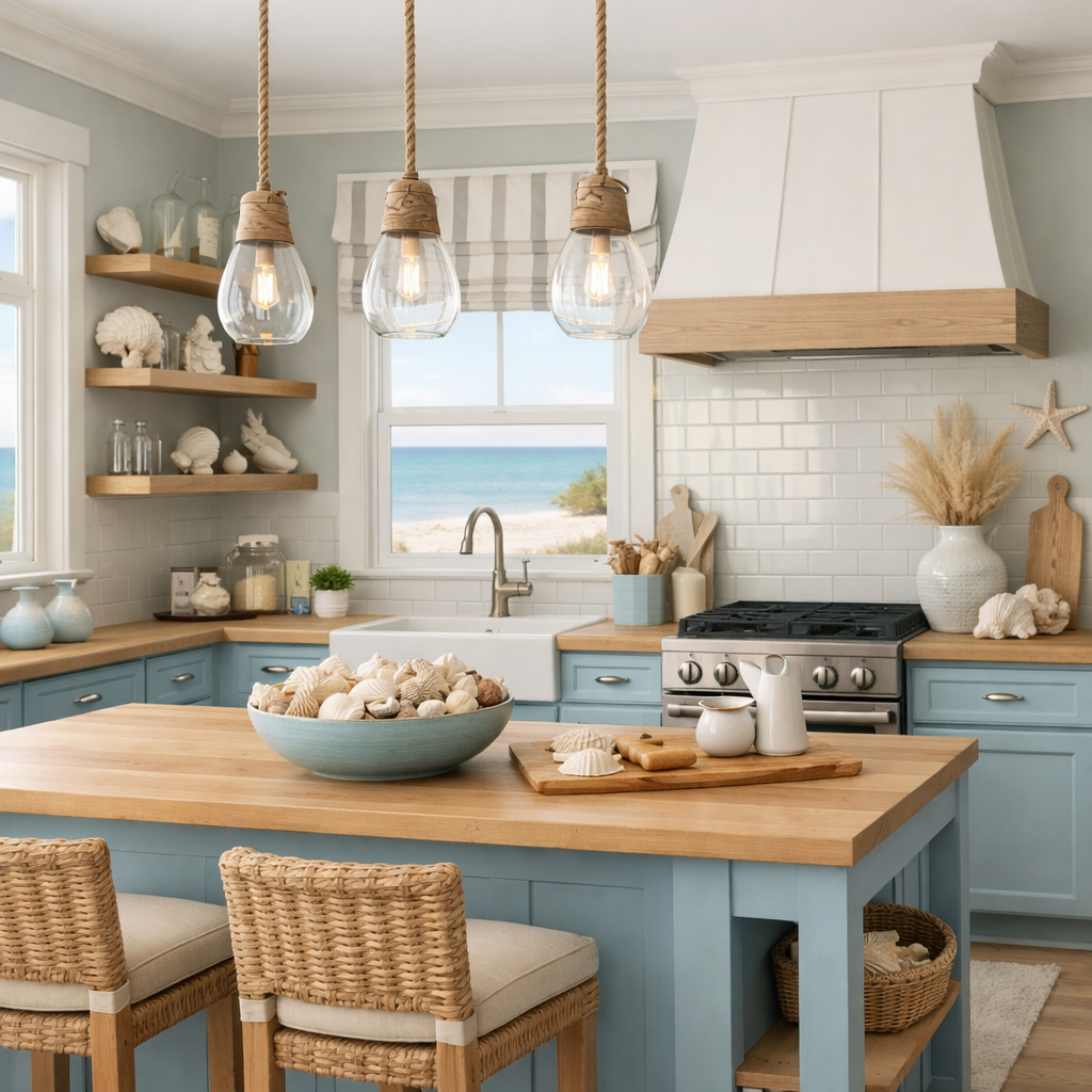A coastal-themed kitchen with soft blue tones, wood accents, and a beach view