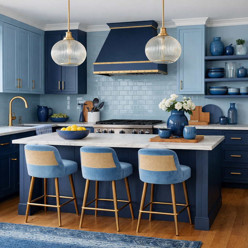 A stylish blue kitchen featuring a mix of light and dark blue cabinets, blue bar stools, and a marble countertop.