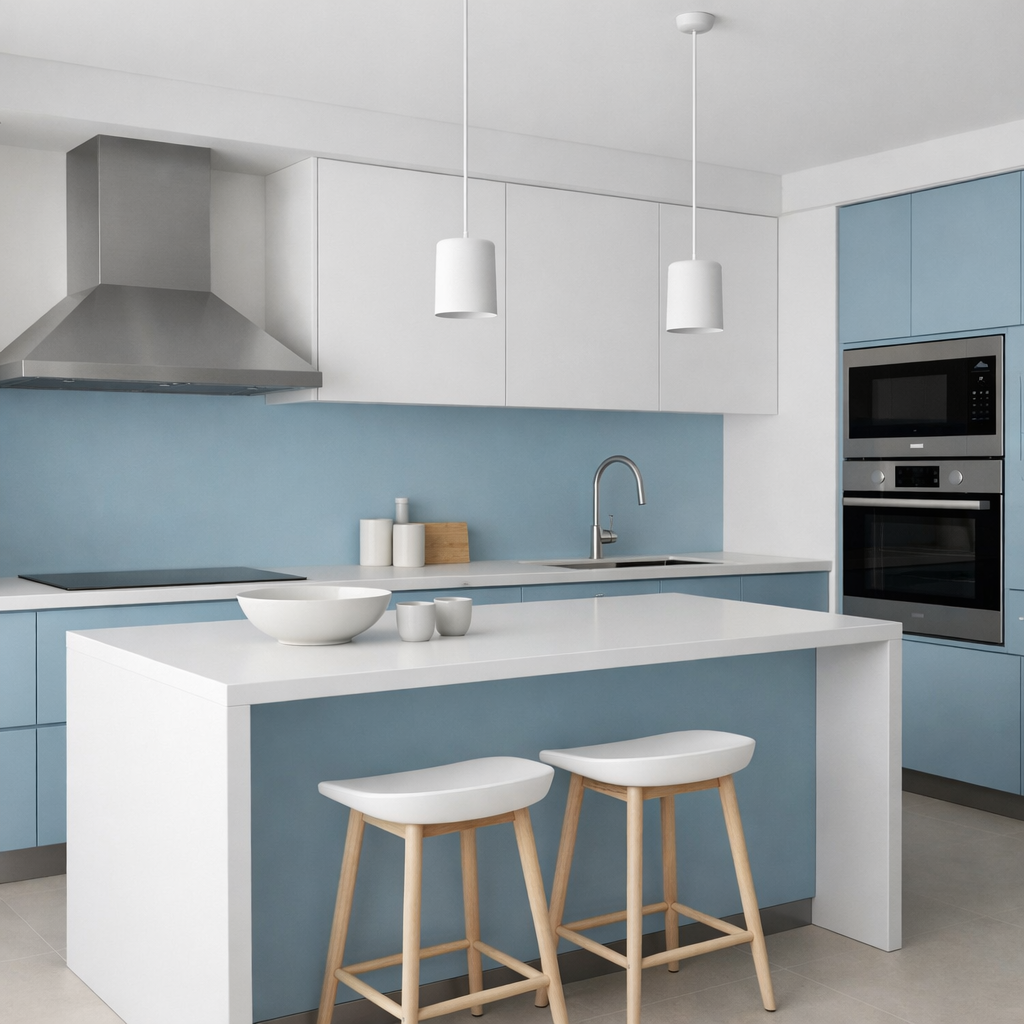 A minimalist kitchen with sky blue accents, featuring white cabinets, stainless steel appliances, and modern stools.