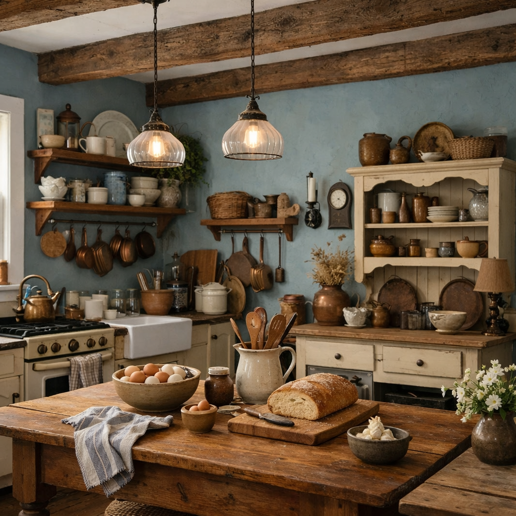 A rustic kitchen featuring soft blue walls, wooden beams, and a warm inviting atmosphere.