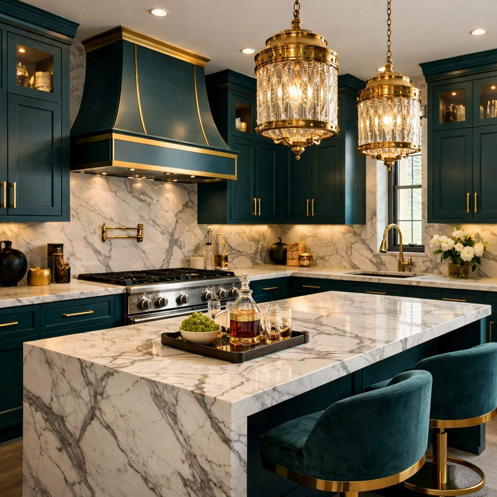 A luxurious teal kitchen with gold accents, featuring marble countertops and elegant lighting.