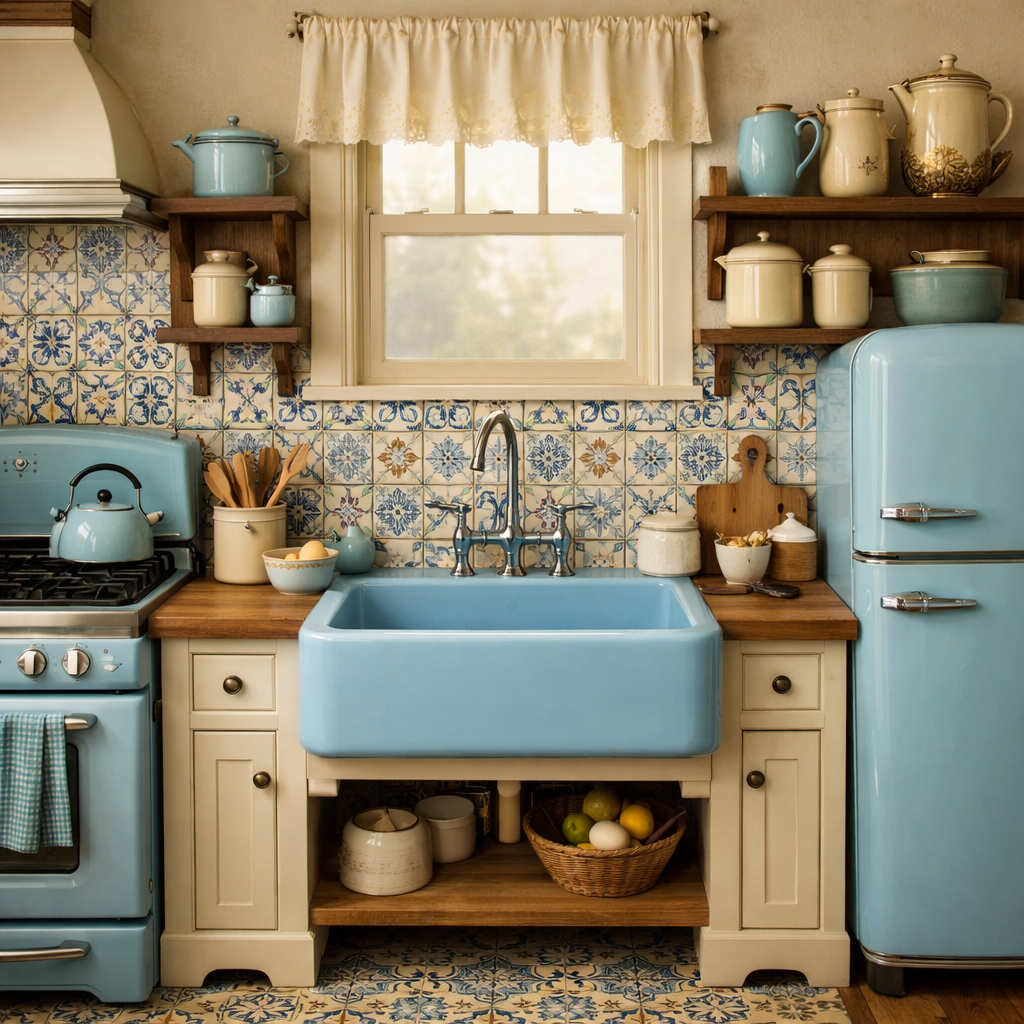 A vintage kitchen featuring a powder blue sink, blue accents, wooden shelves, and decorative tiles.