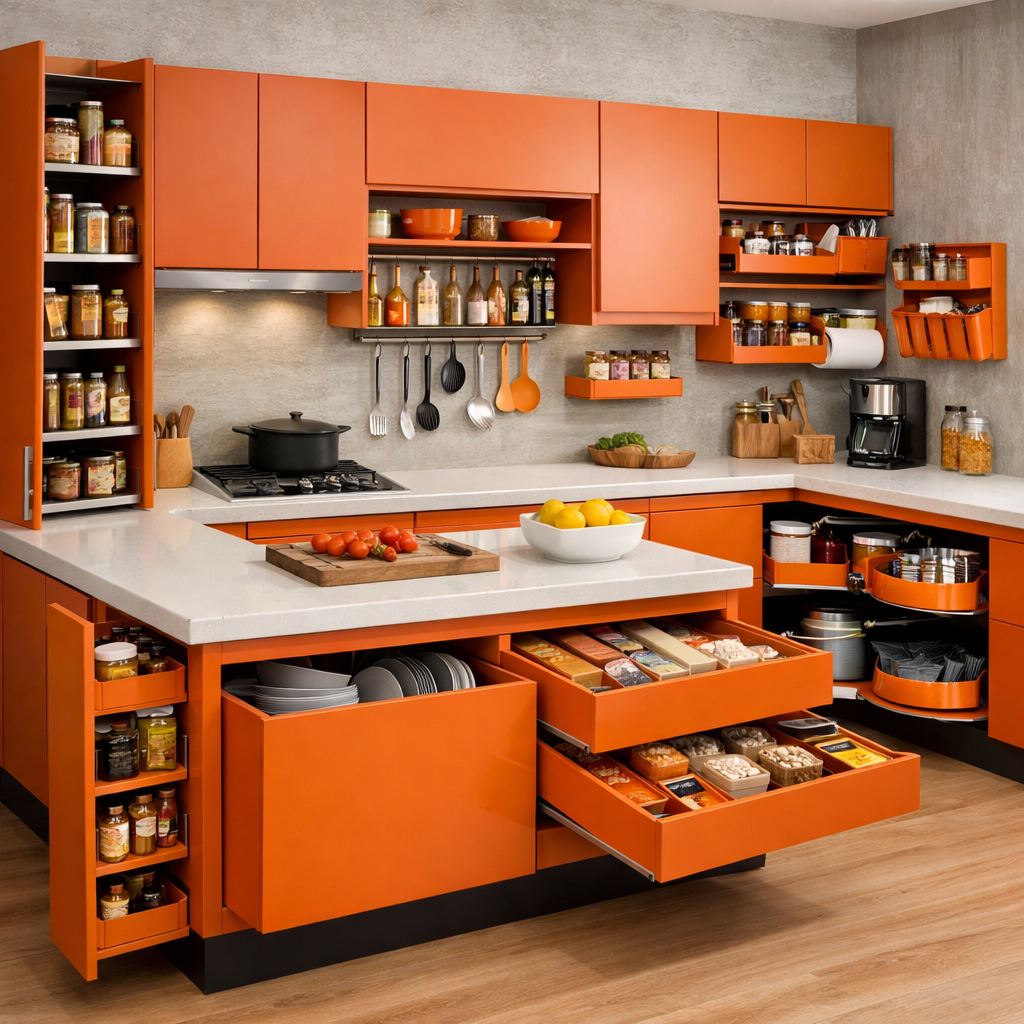 A vibrant orange kitchen showcasing creative storage solutions, including pull-out spice racks and organized drawers.