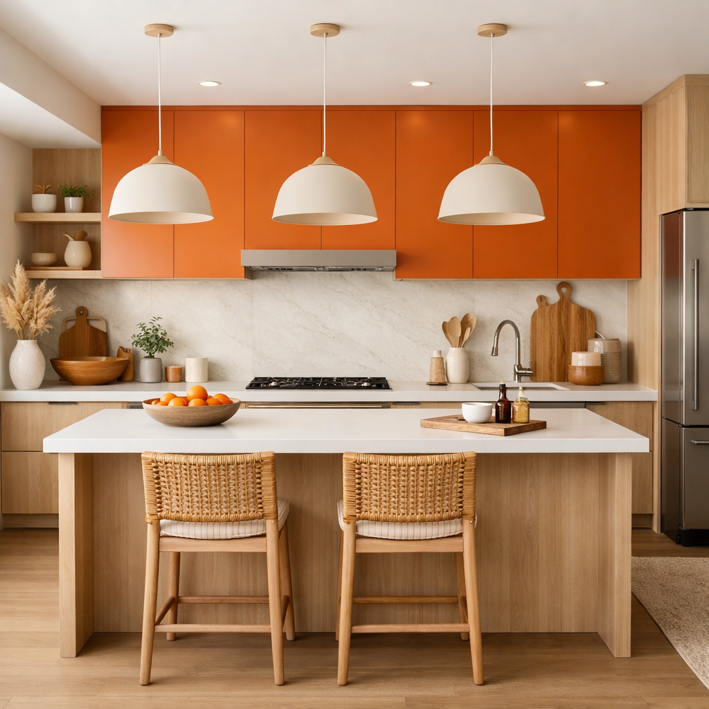 A modern kitchen with orange cabinets and neutral tones.