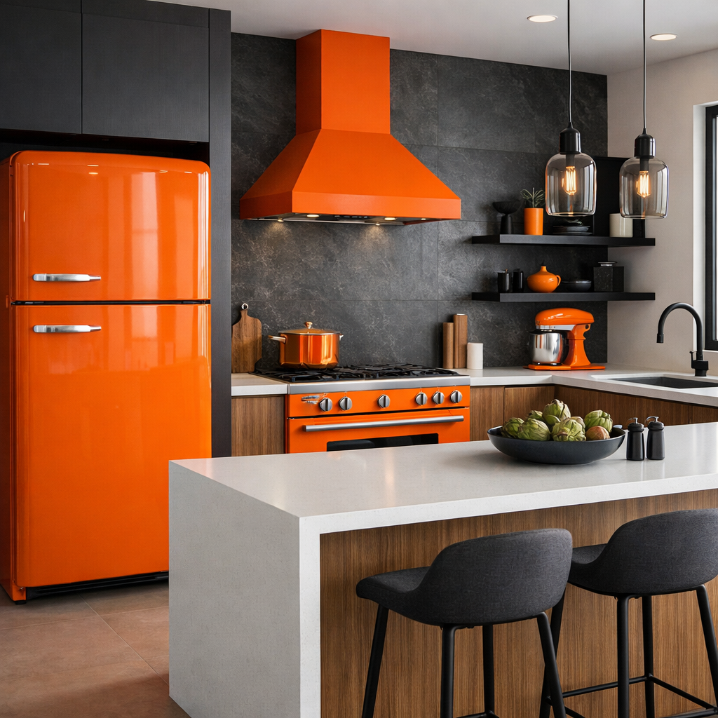 A modern kitchen with orange appliances including a refrigerator, stove, and hood, complemented by black shelving and wooden cabinetry.