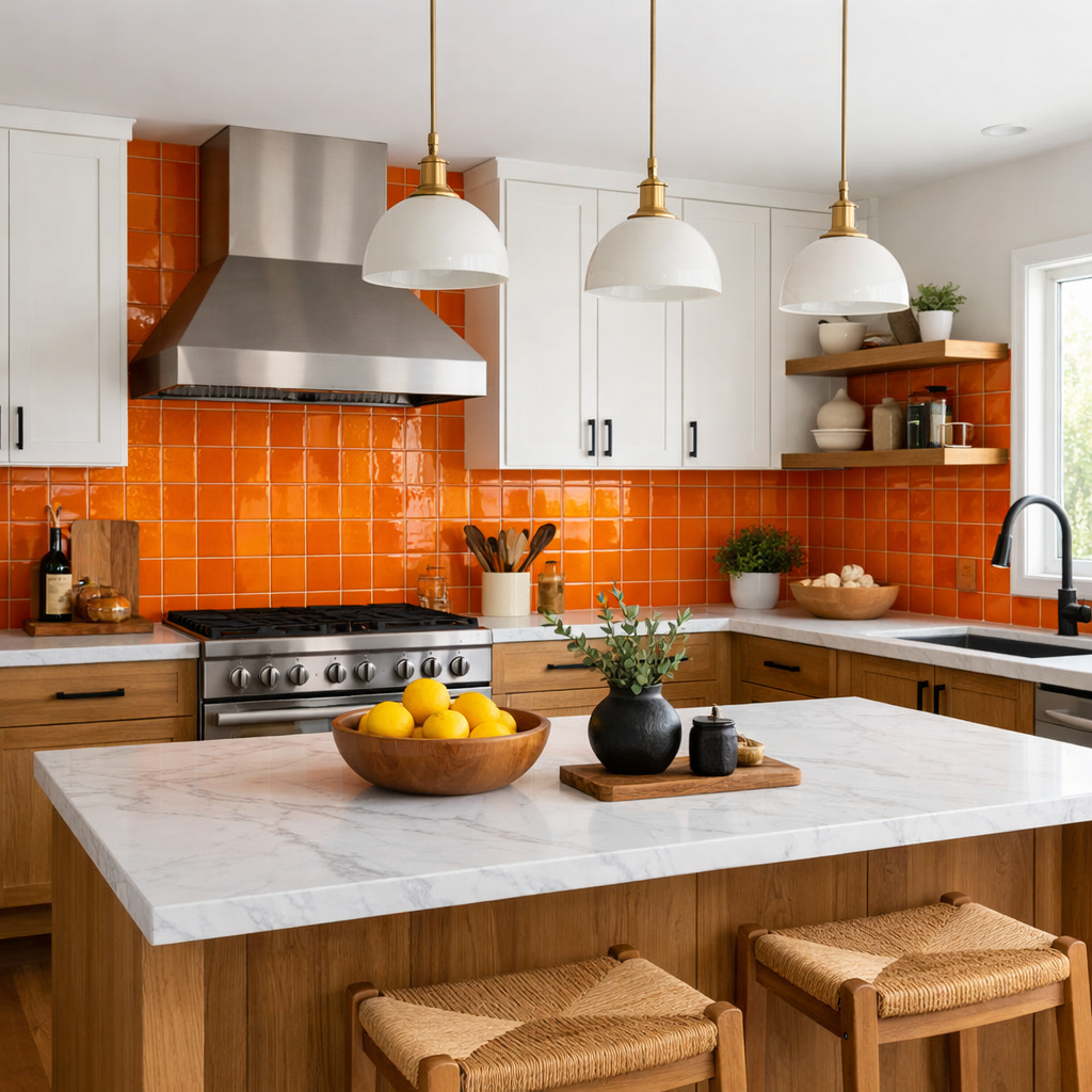 Modern kitchen with orange tile backsplash, wooden cabinetry, and marble countertop.