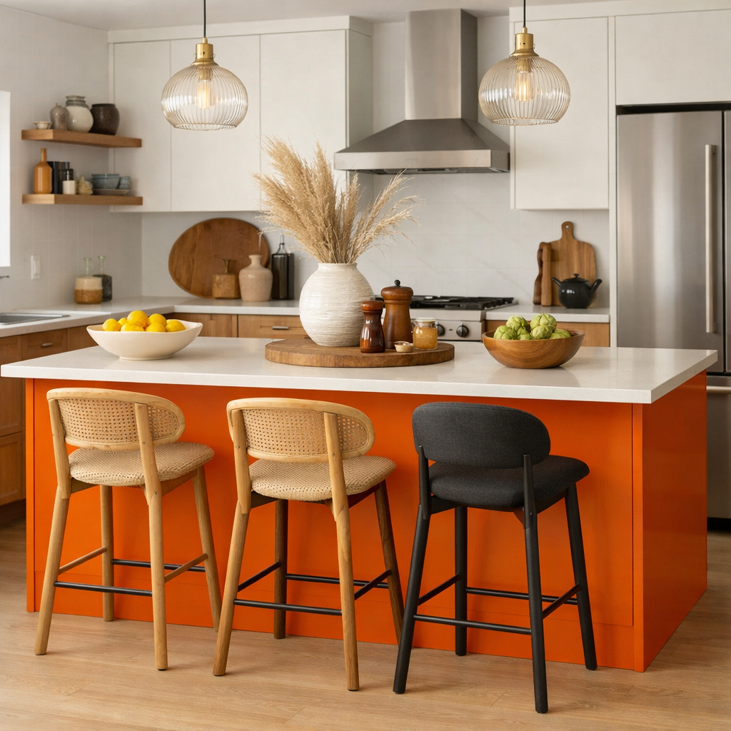 A stylish kitchen with an orange island, wooden accents, and unique bar stools.