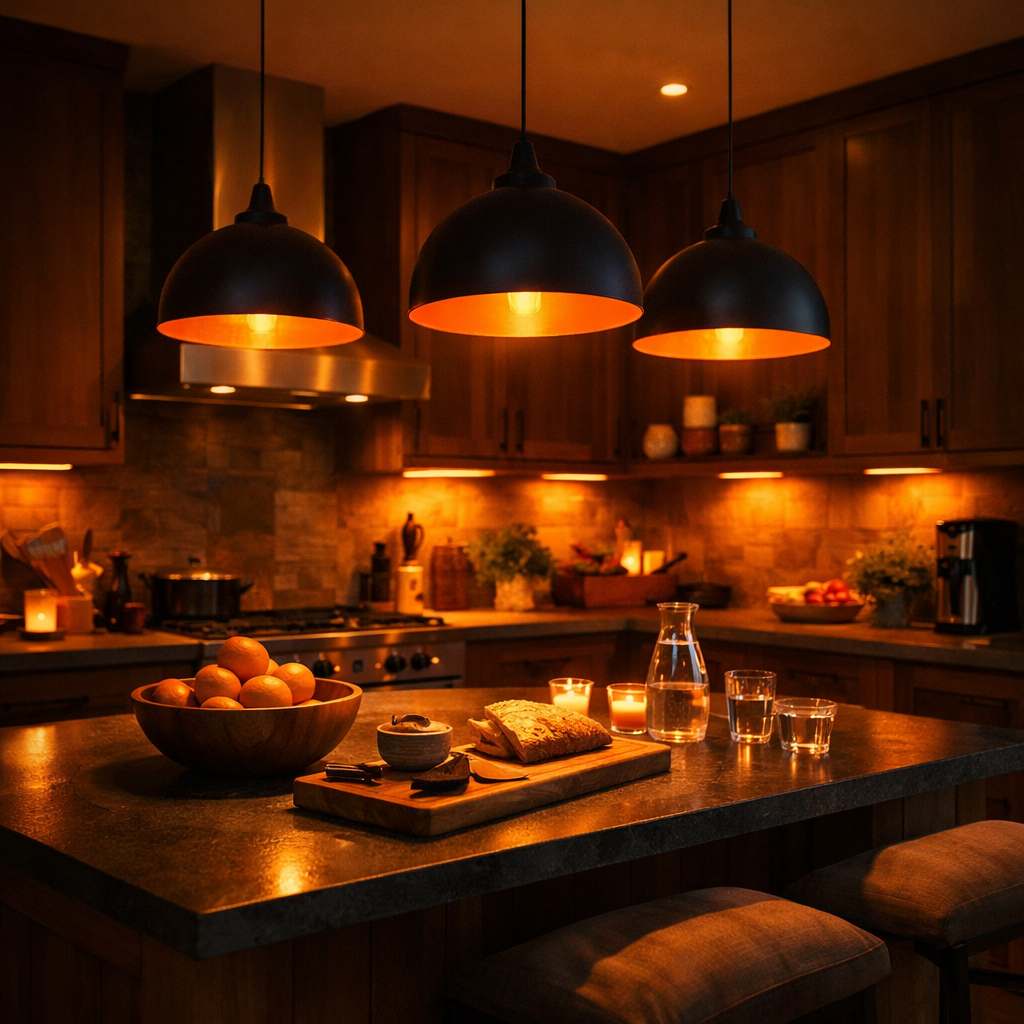 A warm, inviting kitchen featuring orange pendant lights, wooden cabinets, and a countertop with fruits and drinks.
