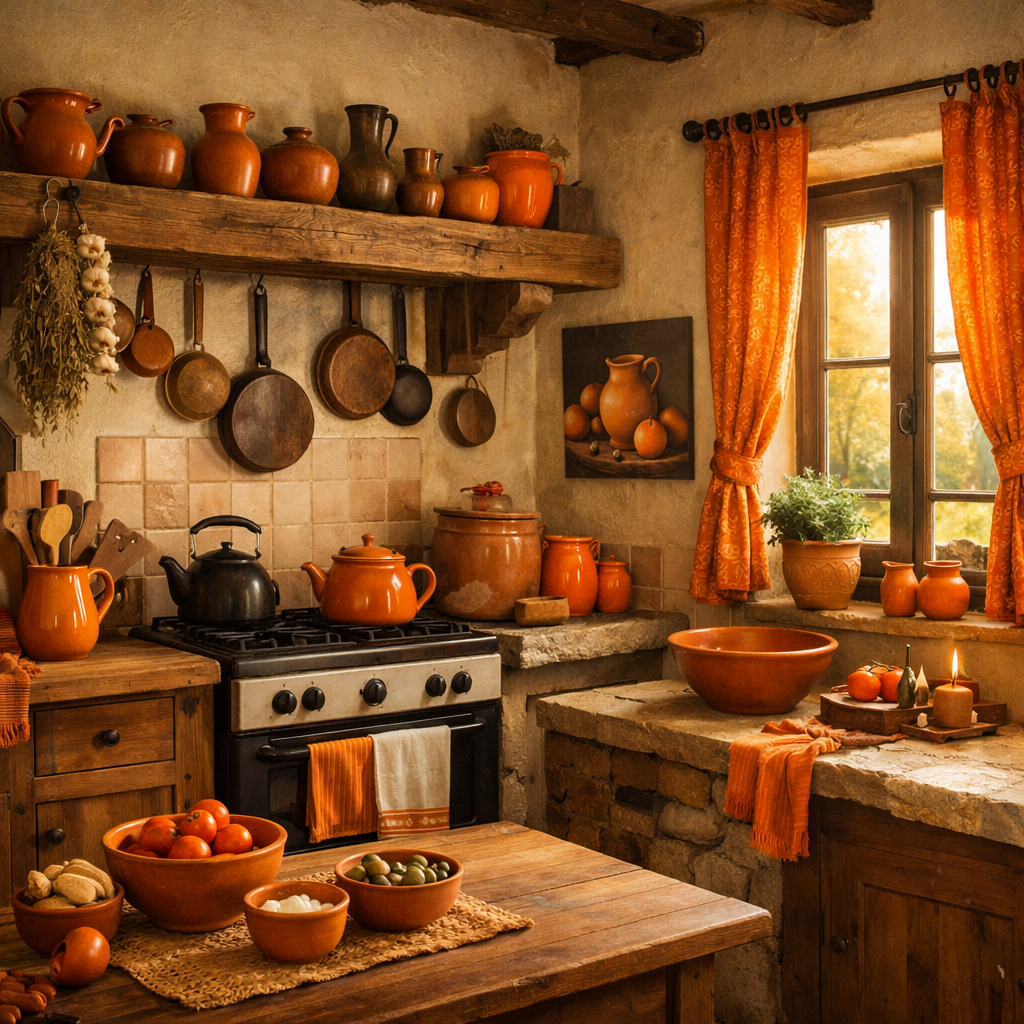 A rustic kitchen featuring orange decor elements and wooden furnishings.