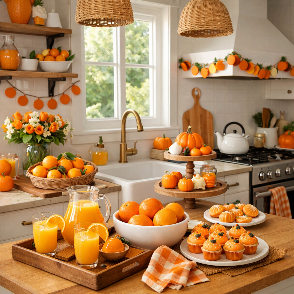 A bright and colorful kitchen featuring seasonal orange decor, including fruits, flowers, and autumn-themed items.
