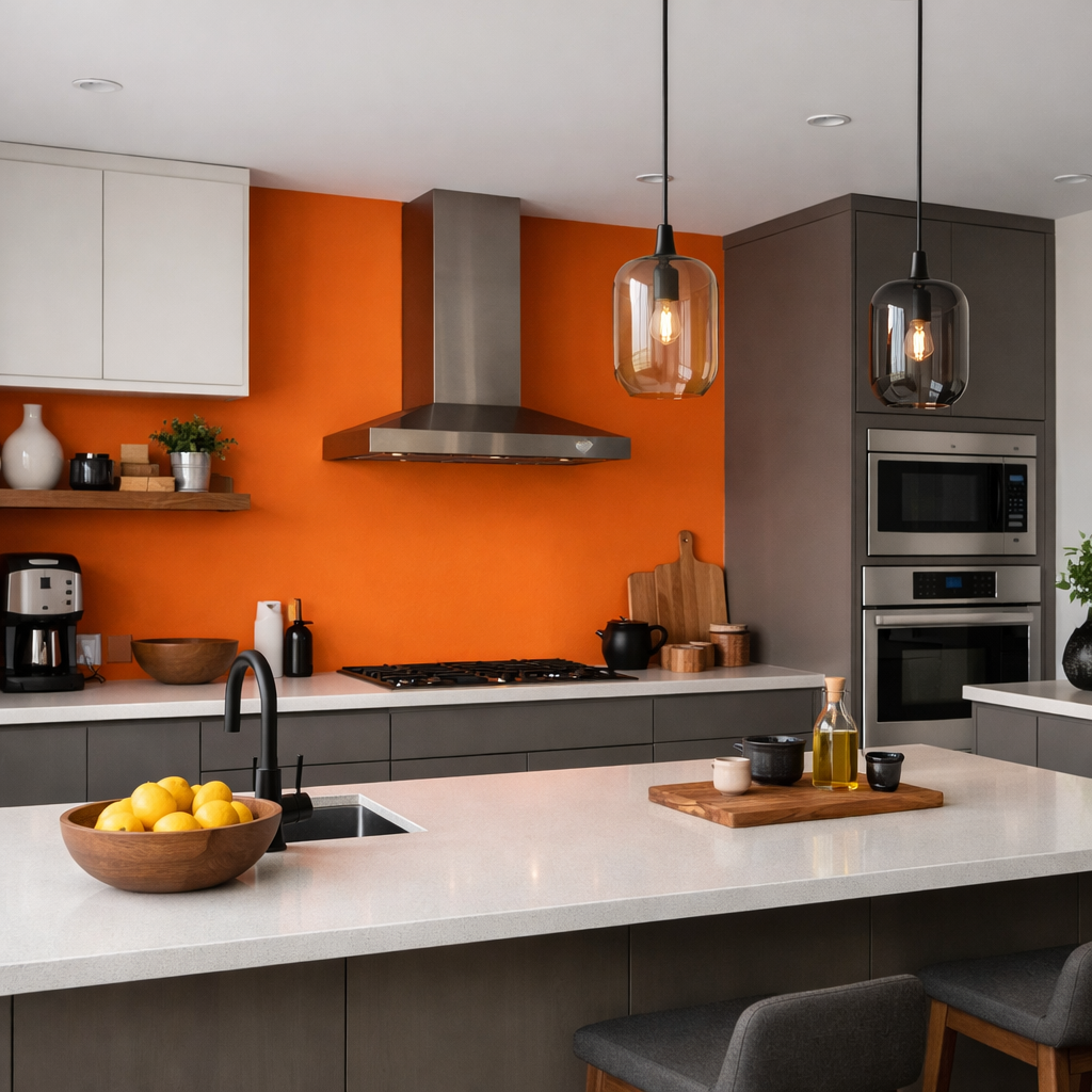 A modern kitchen featuring a vibrant orange accent wall, sleek cabinets, and stylish pendant lights.