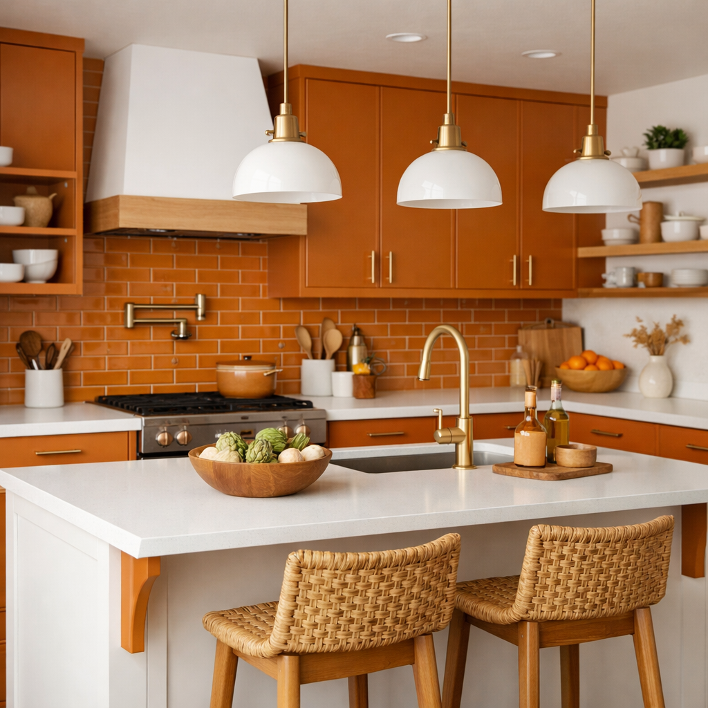 A modern warm orange and white kitchen with wooden accents, featuring island seating.