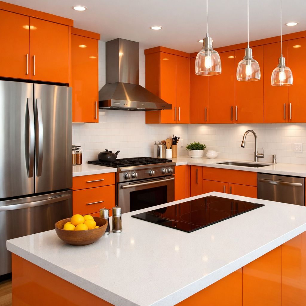 A modern kitchen featuring bright orange cabinets and white countertops.