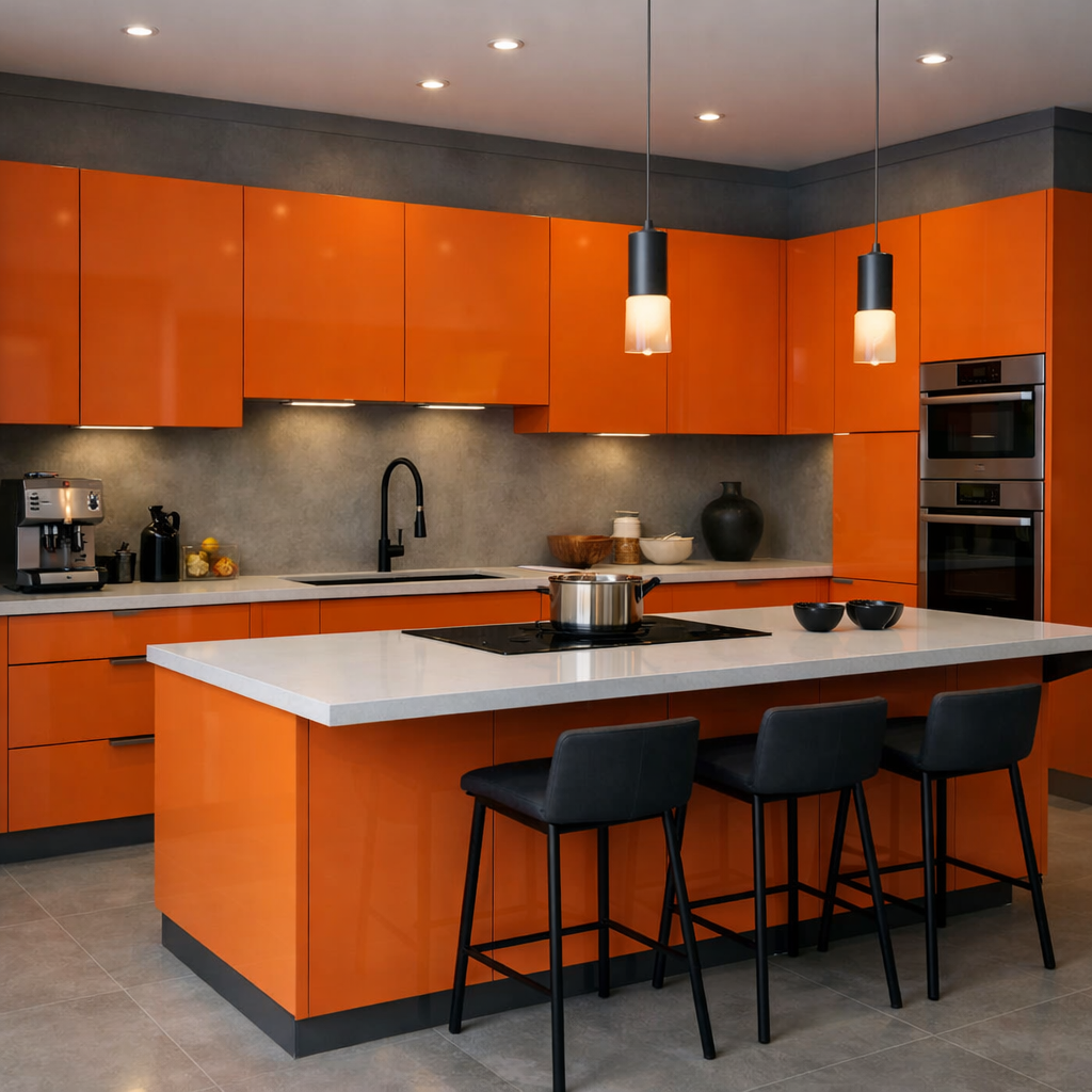 A modern kitchen featuring vibrant orange cabinets and grey accents, with a stylish island and black bar stools.