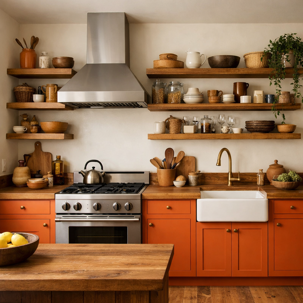 A kitchen featuring orange cabinets and natural wood elements, showcasing a modern and inviting design.