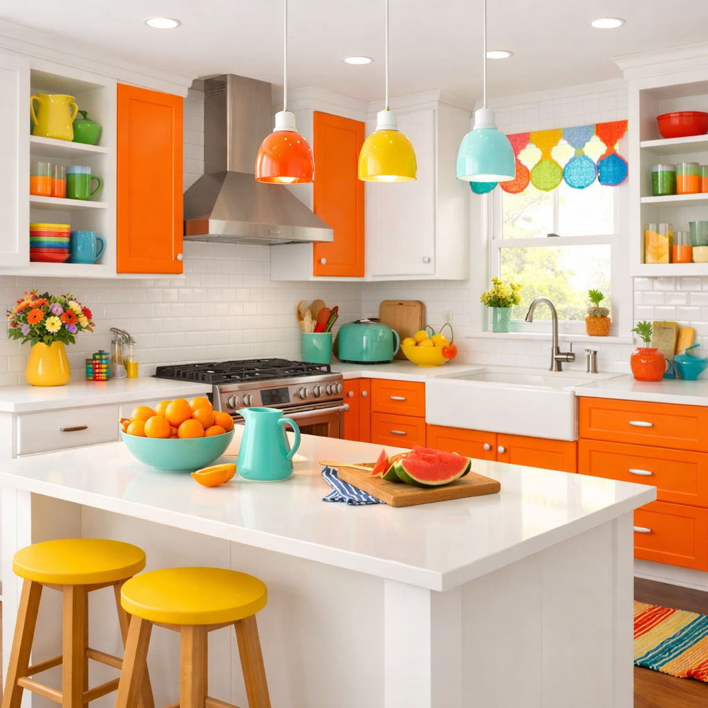 Bright and playful kitchen featuring orange cabinets and colorful accents