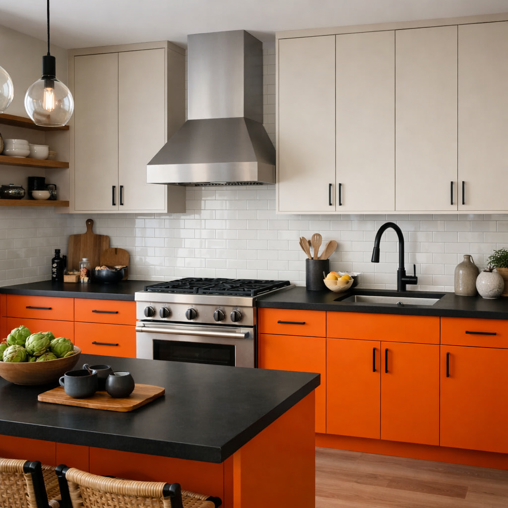 A kitchen featuring orange lower cabinets and beige upper cabinets, with a black countertop and open shelving.