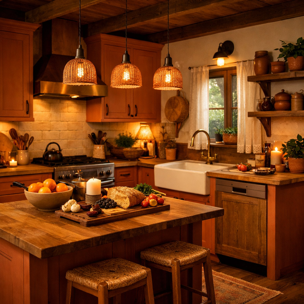 Warm terracotta kitchen cabinets with a rustic decor.